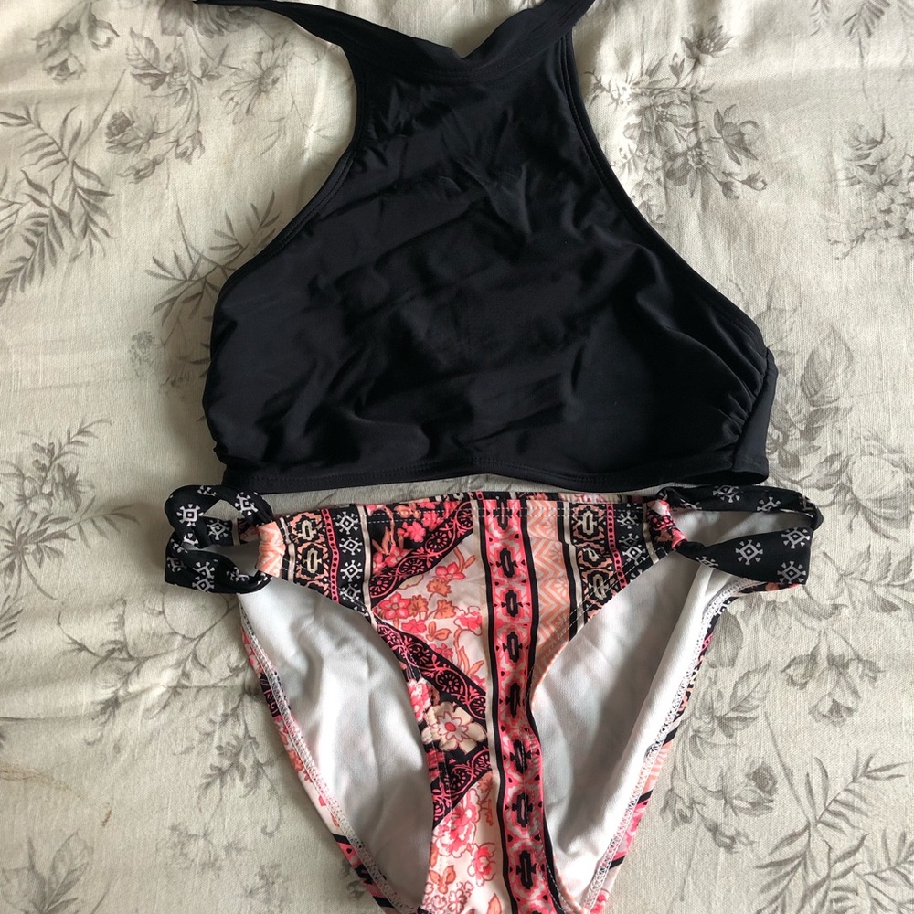 Black Halter Bikini and Pink Patterned Bikini